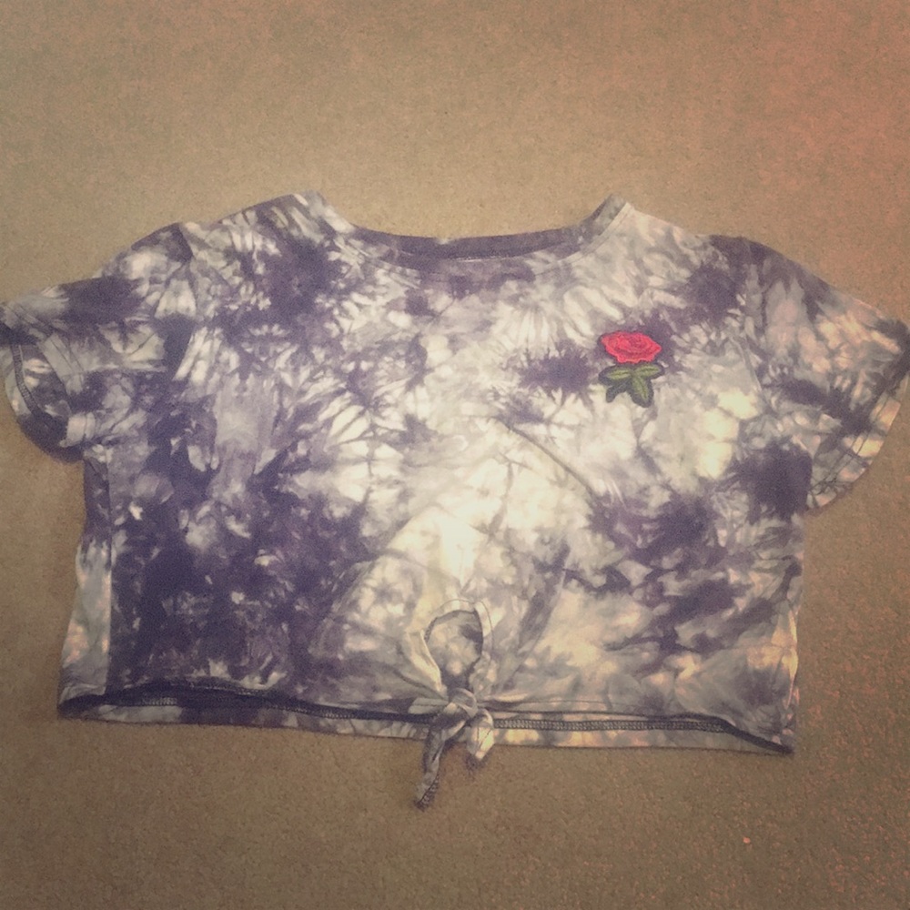 Black and white tie dye crop top with tie and rose